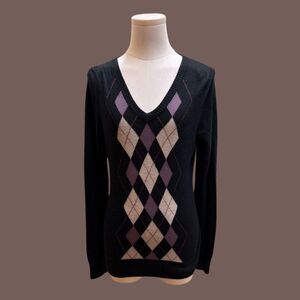 Merona Women's Argyle Knit Sweater Black/Purple Diamond Pattern Size Small
